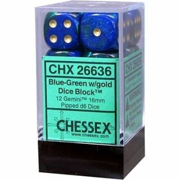 CHESSEX D6 (12) SET : GEMINI BLUE-GREEN/GOLD