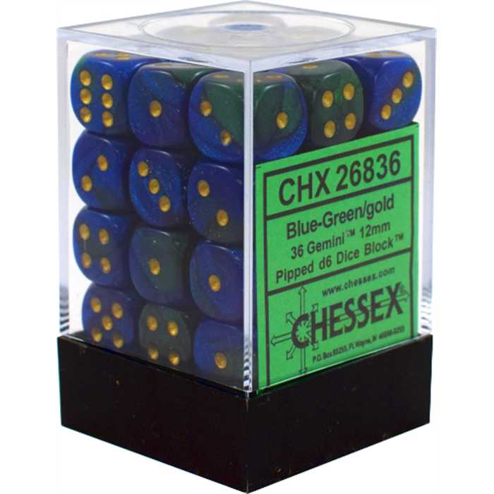 CHESSEX D6 (36) SET : GEMINI BLUE-GREEN/GOLD